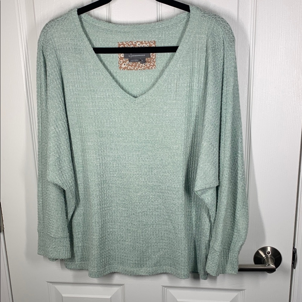 Anthropologie green waffle knit v-neck top size large